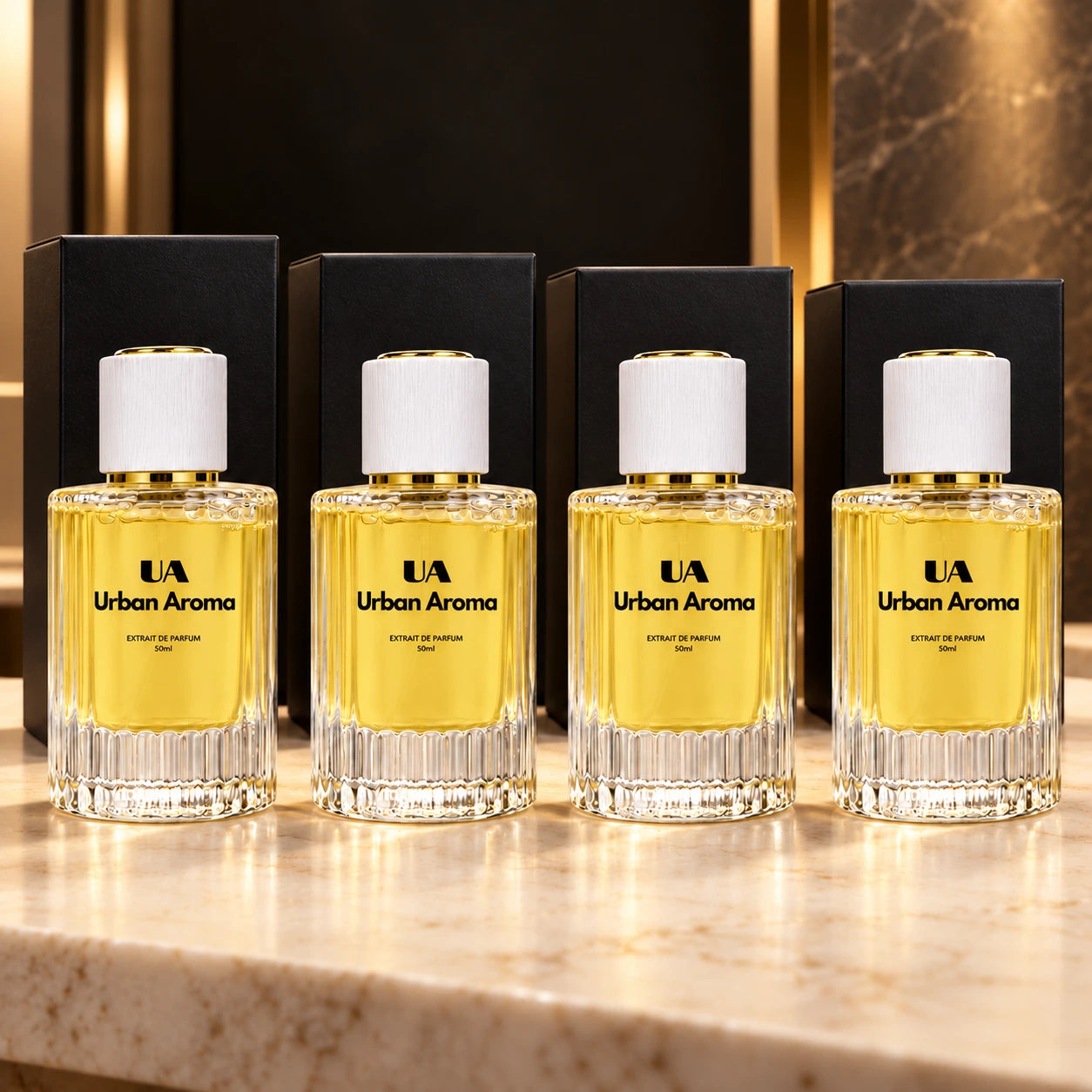 Four individually packaged Urban Aroma best sellers: Empire, Rouge Aura, Lucid and Latitude